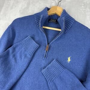 Polo Ralph Lauren Quarter Zip Sweater Men Size M Blue Knit Cotton Casual Preppy